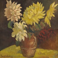 Freida Lock; Dahlias in a Brown Vase