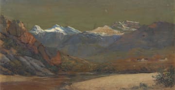 Hugo Naudé; River Scene with Snow-Capped Mountains