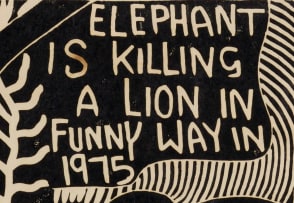 John Muafangejo; Elephant is Killing a Lion in Funny Way in 1975