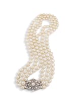 Three-strand cultured pearl and diamond necklace