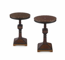 A pair of burrwood, satinwood and inlaid ebonised side tables, retailed by BANGKOK FURNISHING COMPANY, PENANG, 20th century