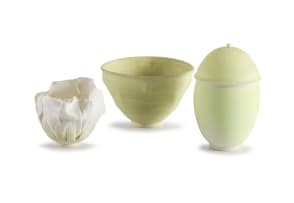 Katherine Glenday; A Lime Green Bowl, Covered Cup and Floral Vessel, three