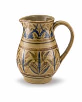 An blue and mustard glazed earthenware jug, Hilda Ditchburn, 1949