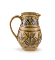 An blue and mustard glazed earthenware jug, Hilda Ditchburn, 1949