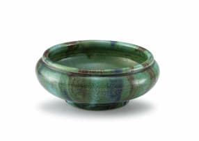 An apple-green, blue and dark-brown glazed earthenware bowl, Hilda Ditchburn, 1944