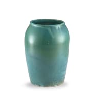 Two green-glazed earthenware vases, Fairfield, 1945