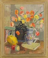 Gregoire Boonzaier; Still Life with Vase of Iceland Poppies, Book and Fruit