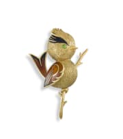 French gold and enamelled bird brooch, 1970s