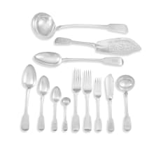 A Victorian assembled silver 'Fiddle' pattern part flatware service, Chawner & Co, Mary Chawner, Edward Farrell, Thomas Whitaker or Thomas Whitehouse, London, 1849 - 1856