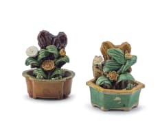 Two miniature Chinese yellow, aubergine and green-glazed jardinières, Ming Dynasty, 17th century