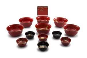 Six Japanese red lacquer bowls, Meiji period, 1868-1912