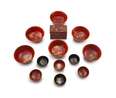 Six Japanese red lacquer bowls, Meiji period, 1868-1912