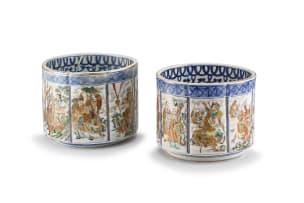 A pair of Japanese blue, white and gilt jardinières, Meiji period, 1868-1912
