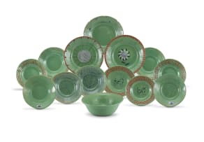 Hylton Nel; A group of Green Plates and a Bowl, with various hand painted motifs, fourteen