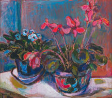 Herbert Coetzee; Pots of Violets and Cyclamens