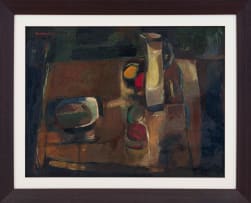 Eben van der Merwe; Still Life with Jug and Fruit (Horizontal Format)