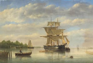 Emanuel de Vries; An Estuary with Moored Shipping