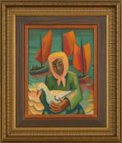 Maggie Laubser; Woman in a Yellow Headscarf with Bird and Boats