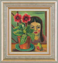 Maggie Laubser; Girl with Potted Gloxinia and Pear