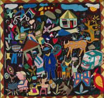 Maggie Molongo; Village Scene with South African Flag