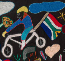 Maggie Molongo; Village Scene with South African Flag