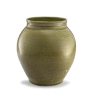 An olive green-glazed stoneware vase, Hilda Ditchburn, 1951