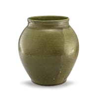 An olive green-glazed stoneware vase, Hilda Ditchburn, 1951