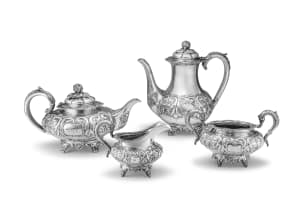 An assembled Irish four-piece silver tea service, Robert W Smith and Kane & Gunning, Dublin, 1839, 1865 & 1896