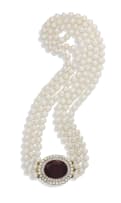 Three-strand pearl and rhodolite garnet and diamond necklace
