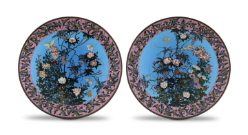 A near pair of large Japanese cloisonné chargers, late Meiji/Tasho period, early 20th century