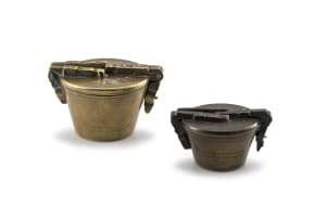 Two sets of brass apothecary nested cup weights, 18th/19th century
