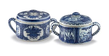 A Dutch Delft blue and white double-handled tureen and cover, 18th century