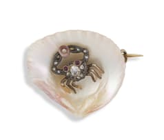 Late Victorian diamond and ruby-set shell brooch