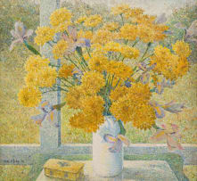 Mark D Phillips; Still Life with Vase of Chrysanthemums and Irises