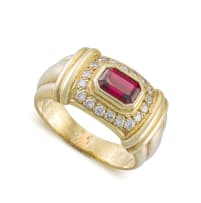 Diamond, verneuil synthetic ruby and 18ct yellow gold ring