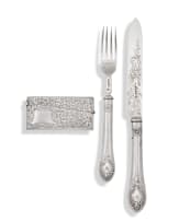A Victorian silver fruit knife and fork, Martin, Hall & Co, Sheffield, 1879 retailed by W.C. Mann, Goldsmith and Watchmaker, Cross, Gloucester
