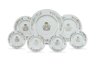 Seven Chinese Export Armorial famille-rose plates, Qing Dynasty, Qianlong period, 1736-1795