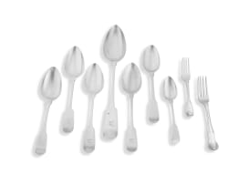 Five George IV silver 'Fiddle' pattern dinner spoons, William Bateman II, London, 1827