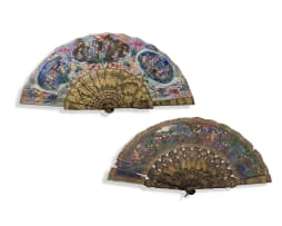 A Chinese Canton painted and lacquered paper fan, Qing Dynasty, 19th century