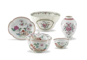 A Chinese famille-rose tea bowl, saucer and covered bowl, Qing Dynasty, Qianlong period, 1736-1795