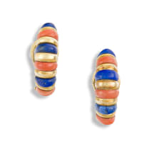 Pair of lapis lazuli, coral and 18ct yellow gold earrings