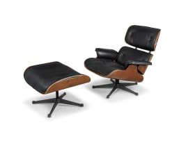 A leather and rosewood-veneered model 670 lounge chair and 671 ottoman released in 1956 for Herman Miller by Charles and Ray Eames, 1950s