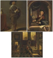 European School 19th Century; A Gentleman Proposing a Toast; The Violinist; Dutch Interior, three