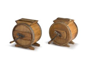 Two pine and metal-bound butter churns