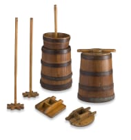 Three teak and metal-bound butter balies