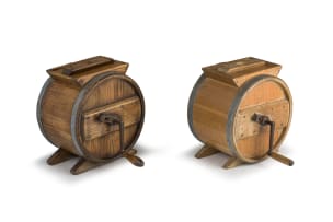 Two pine and metal-bound butter churns