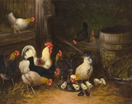 Otto Scheuerer; Chickens in a Barn; Peacock with Chickens, two