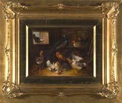 Otto Scheuerer; Chickens in a Barn; Peacock with Chickens, two