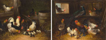 Otto Scheuerer; Chickens in a Barn; Peacock with Chickens, two