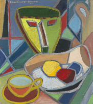 Bettie Cilliers-Barnard; Still Life with Mask, Fruit, Cup and Saucer